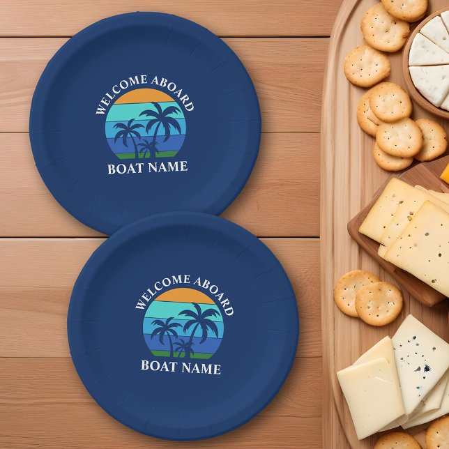 Boat Name Sun Palm Trees Welcome Aboard Blue Paper Plate (Customize to change text size, text style or background color.)