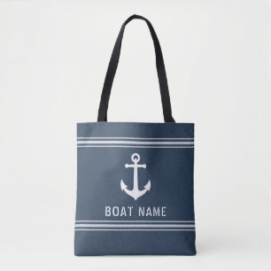 Boat Name Vintage Nautical Anchor Blue Grey White Tote Bag