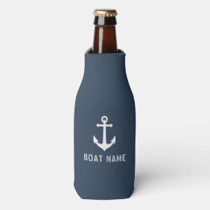 Boat Name Vintage Nautical Anchor Navy Grey Blue Bottle Cooler