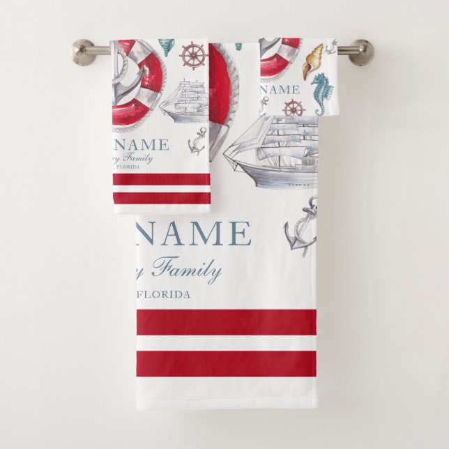 Boat Name Watercolor Nautical elements Bath Towel Set (Insitu)