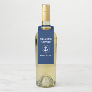 Boat Name Welcome Aboard Navy Blue Bottle Tag
