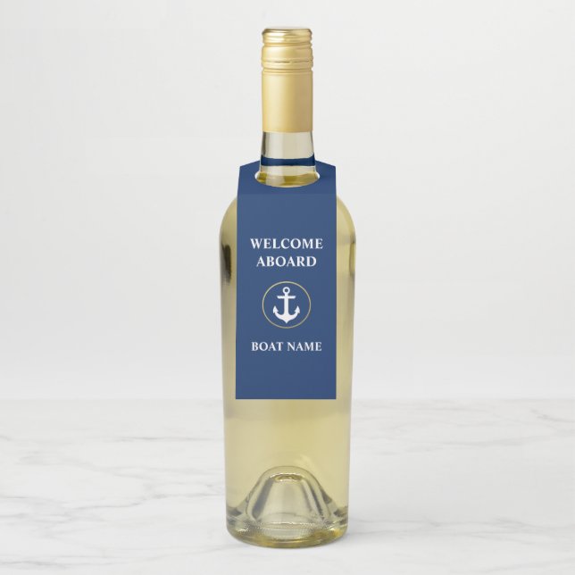 Boat Name Welcome Aboard Navy Blue Bottle Tag (On Bottle)