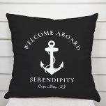 Boat Nautical Anchor Black Cushion<br><div class="desc">A chic modern nautical-themed pillow for your boat that features a white illustration of an anchor on a black background. You can personalise the "Welcome Aboard" text and your boat's name and location in modern white typography.</div>