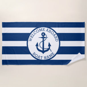 Boat Nautical Anchor Navy Custom Welcome Aboard Beach Towel