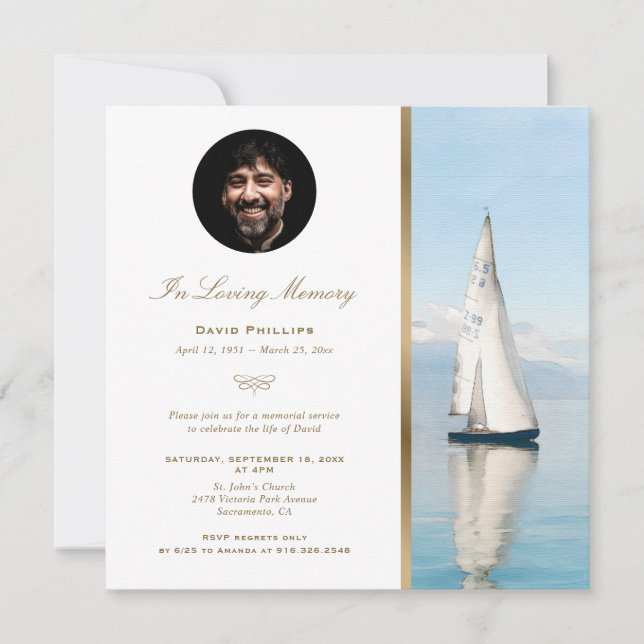 Boat Nautical Gold Memorial Service Photo Invitation (Front)