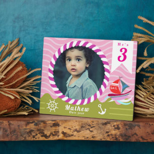 Boat Nautical Photo Birthday Pink Green Plaque