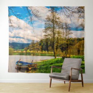 Boat on Lake Mountain Background Cloudy Sky Tapestry