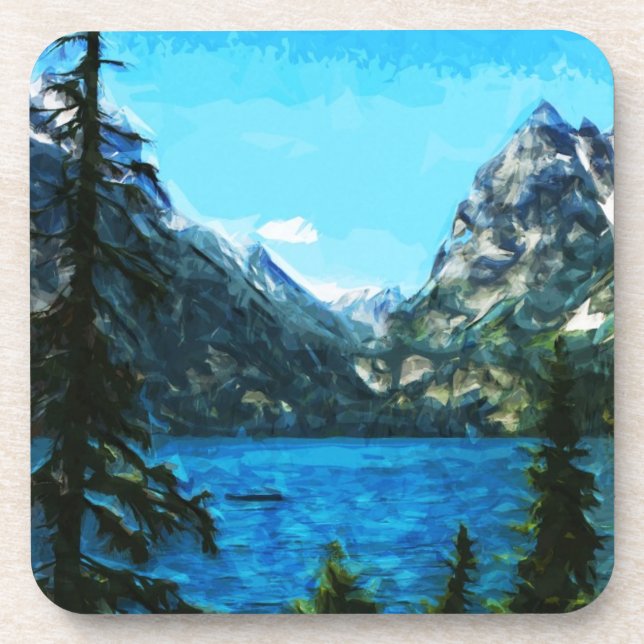 Boat on Mountain Lake Abstract Impressionism Coaster (Front)