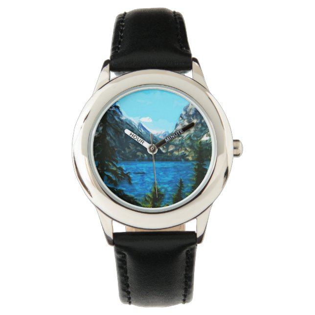 Boat on Mountain Lake Abstract Impressionism Watch (Front)