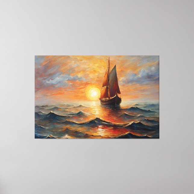 Boat on the high seas with sunset canvas print (Front)