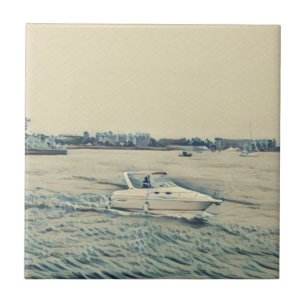 Boat on water vintage style ceramic tile