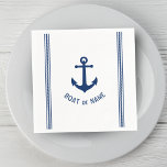 Boat or Family Name Vintage Anchor Rope Stripes Napkin<br><div class="desc">Personalized Party Napkins with Your boat name,  family name or other desired text. Featuring a custom designed vintage boat anchor and nautical rope stripes in navy blue on white or easily adjust the primary color to match your current theme. Great for birthdays,  parties,  holidays or any occasion.</div>