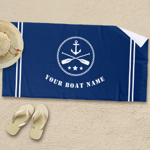 Boat or Name Nautical Anchor & Crossed Oars Navy Beach Towel