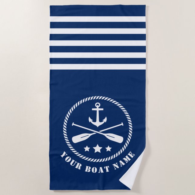 Boat or Name Nautical Anchor & Oars  Paddles Navy Beach Towel (Front)