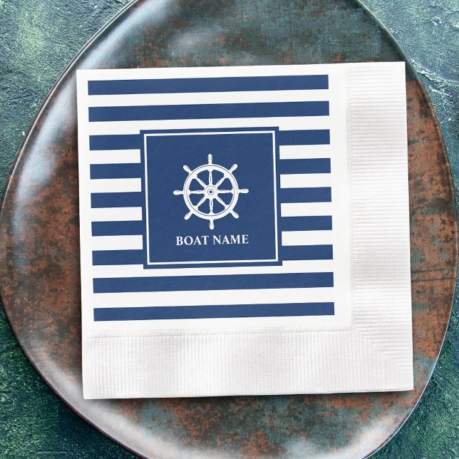 Boat or Name Ships Wheel Helm with Blue Stripes Napkin (Creator Uploaded)