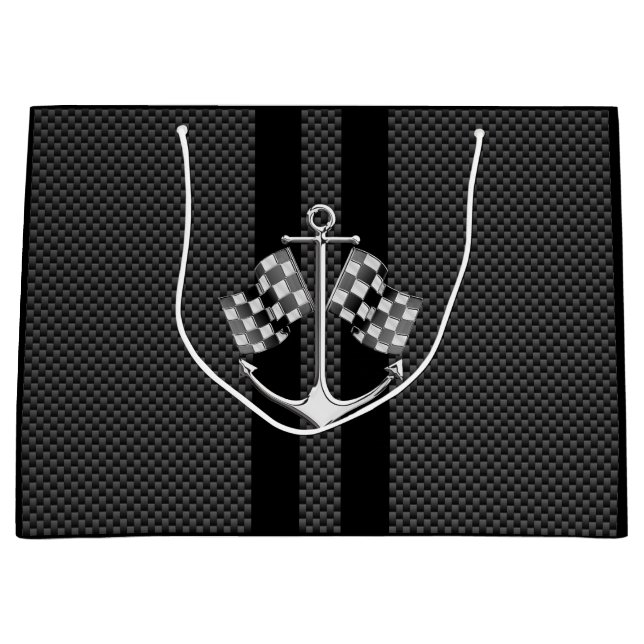 Boat Racing Nautical Chequered Carbon Fibre Style Large Gift Bag (Front)