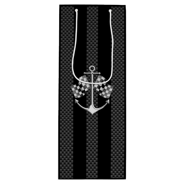 Boat Racing Nautical Chequered Carbon Fibre Style Wine Gift Bag (Front)