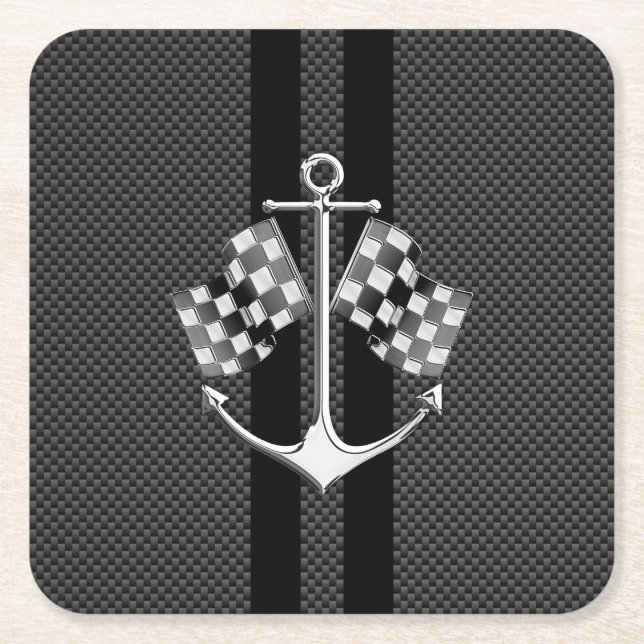 Boat Racing Nautical in Carbon Fibre Style Square Paper Coaster (Front)