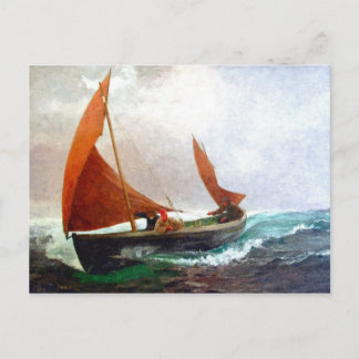 Boat reaches the beach postcard
