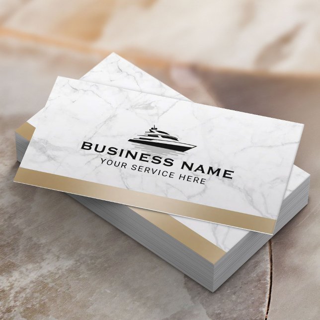 Boat Rental & Sales Modern Gold Border Marble Business Card (Creator Uploaded)