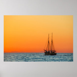 Boat Sailing On Mediterranean at Sunset Poster