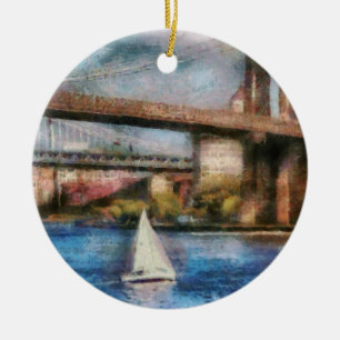 Boat - Sailing under the Brooklyn Bridge Ceramic Tree Decoration