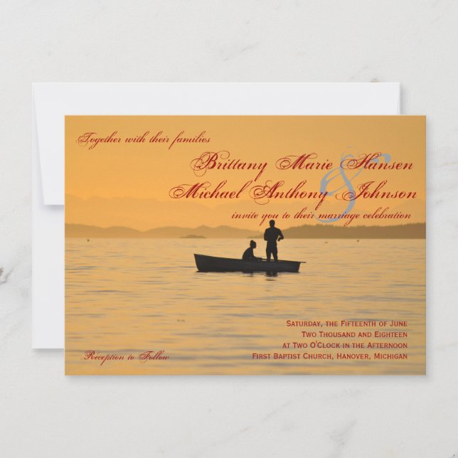Boat Silhouette Couple Lake Wedding Invitations (Front)
