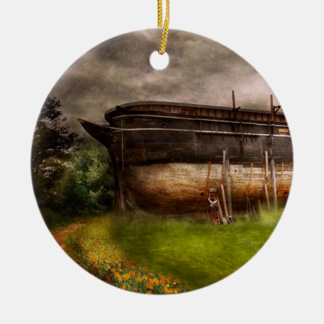 Boat - The construction of Noah's Ark Ceramic Tree Decoration (Front)