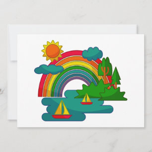 Boat travel landscape under sun clouds and rainbow