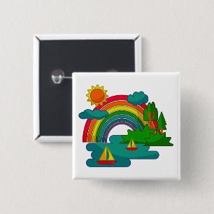 Boat travel landscape under sun clouds and rainbow 15 cm square badge
