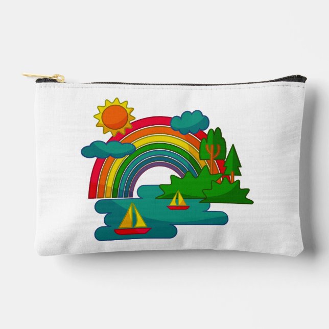 Boat travel landscape under sun clouds and rainbow accessory pouch (Front)