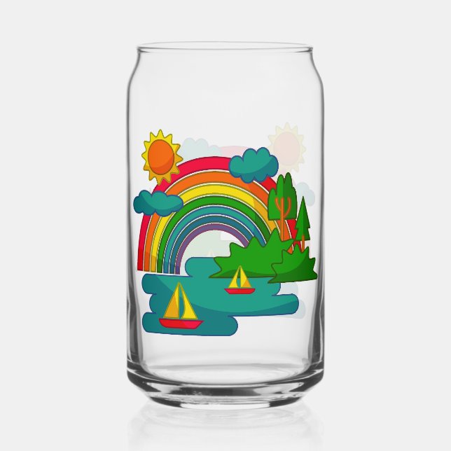 Boat travel landscape under sun clouds and rainbow can glass (Front)