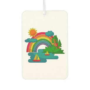 Boat travel landscape under sun clouds and rainbow car air freshener