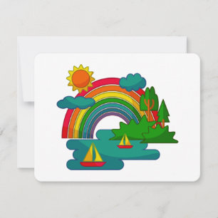 Boat travel landscape under sun clouds and rainbow card