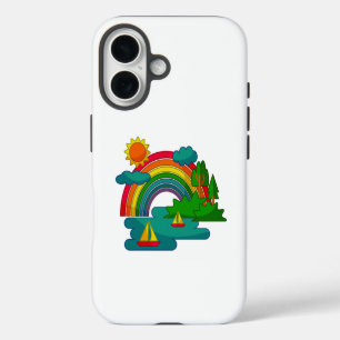 Boat travel landscape under sun clouds and rainbow iPhone 16 case