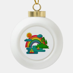 Boat travel landscape under sun clouds and rainbow ceramic ball christmas ornament