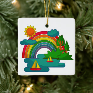 Boat travel landscape under sun clouds and rainbow ceramic ornament