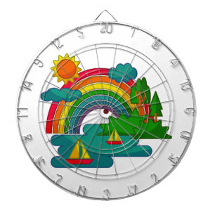 Boat travel landscape under sun clouds and rainbow dartboard