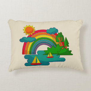 Boat travel landscape under sun clouds and rainbow decorative cushion