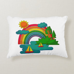 Boat travel landscape under sun clouds and rainbow decorative cushion