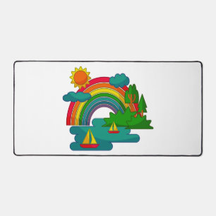 Boat travel landscape under sun clouds and rainbow desk mat