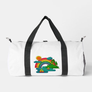 Boat travel landscape under sun clouds and rainbow duffle bag