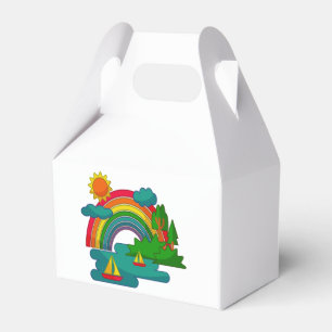 Boat travel landscape under sun clouds and rainbow favour box
