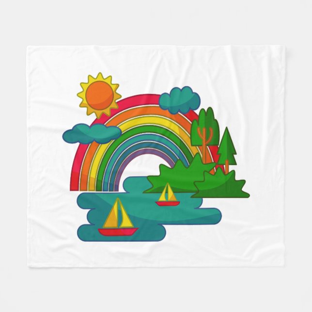 Boat travel landscape under sun clouds and rainbow fleece blanket (Front (Horizontal))