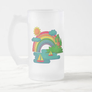 Boat travel landscape under sun clouds and rainbow frosted glass beer mug