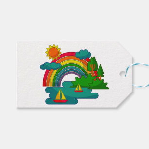 Boat travel landscape under sun clouds and rainbow gift tags