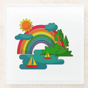 Boat travel landscape under sun clouds and rainbow glass coaster
