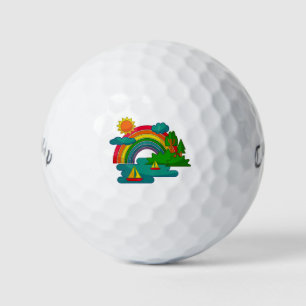 Boat travel landscape under sun clouds and rainbow golf balls