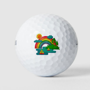 Boat travel landscape under sun clouds and rainbow golf balls