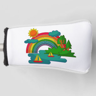 Boat travel landscape under sun clouds and rainbow golf head cover